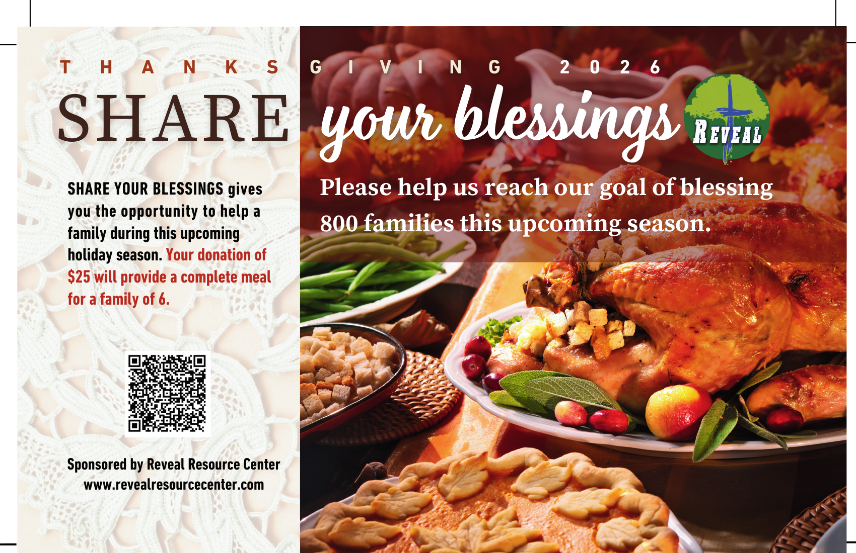 2026 Share Your Blessings meal postcard featuring a Thanksgiving dinner, the $25 meal gift, and the 800-family goal.